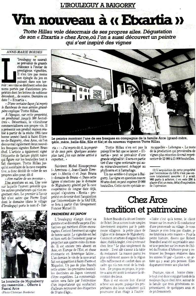 Article dans Sud-Ouest sur le Vin nouveau à Etxartia par Anne-Marie Bordes 18-5-1995