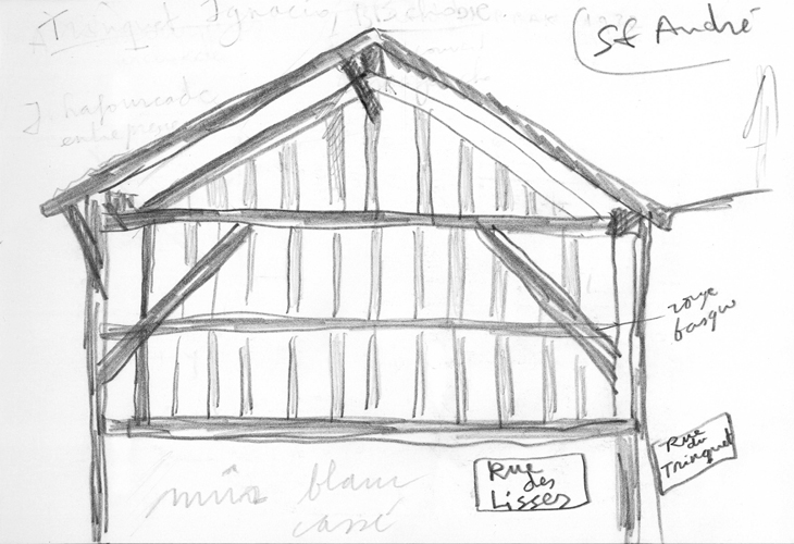 croquis du carnet de travail de Robert Brandhof Architectures du Pays Basque : Trinquet Saint-André à Bayonne